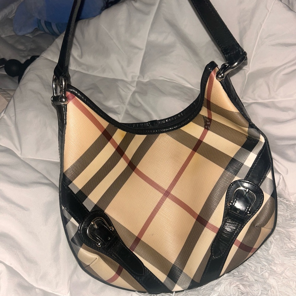Burberry Cream and Black Satchel with Classic Plaid Design